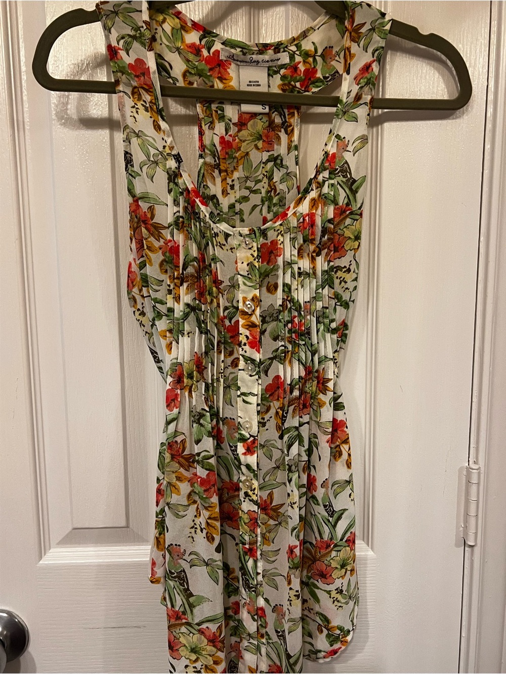 American Rag Floral and Bird Print Pintuck Button Front Boho Blouse, Size  S